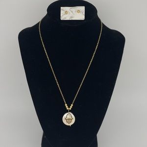 Stainless Steel Gold Hamsa Hand Mother of Pearl Necklace and Earring Set- New
